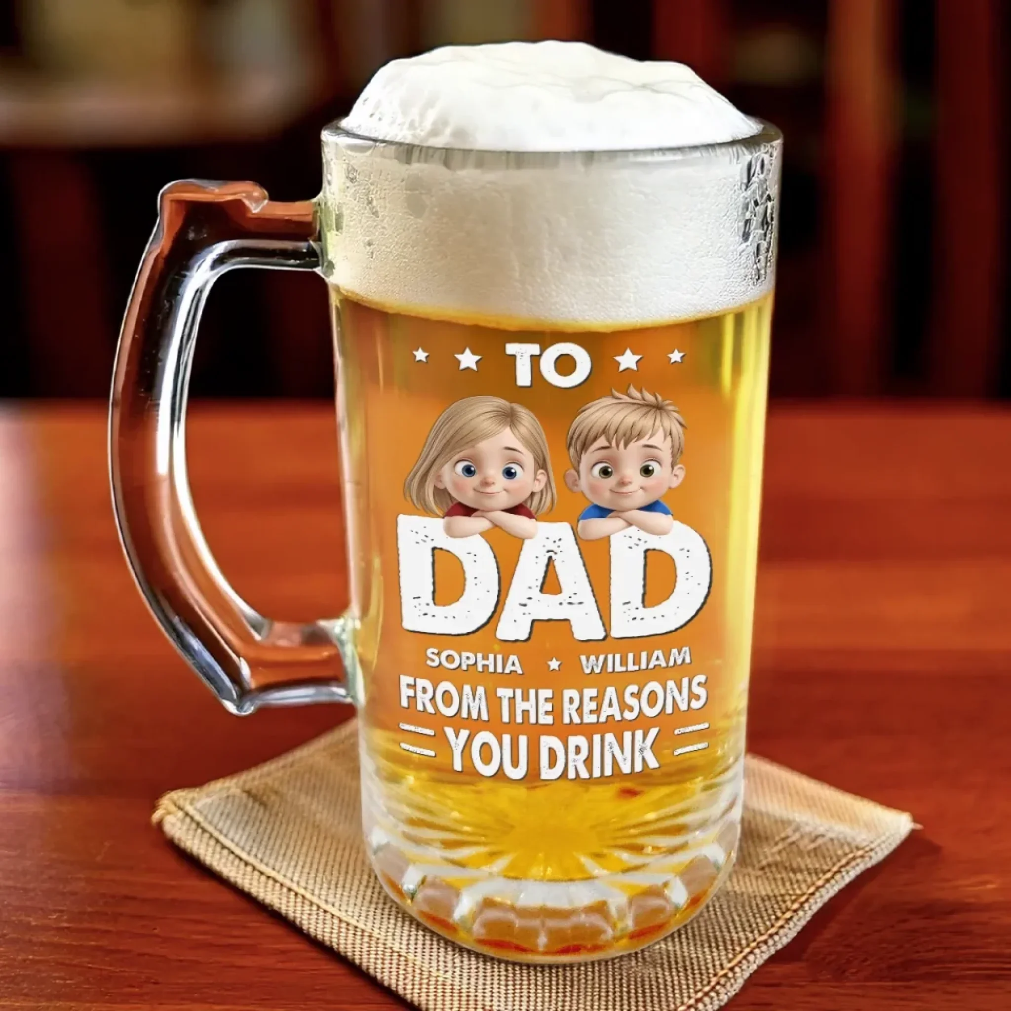 Here's To Dad, The Man Behind Our Cheers - Family Personalized Custom Glass Beer Mug - Father's Day, Gift For Dad, Grandpa - Image 3