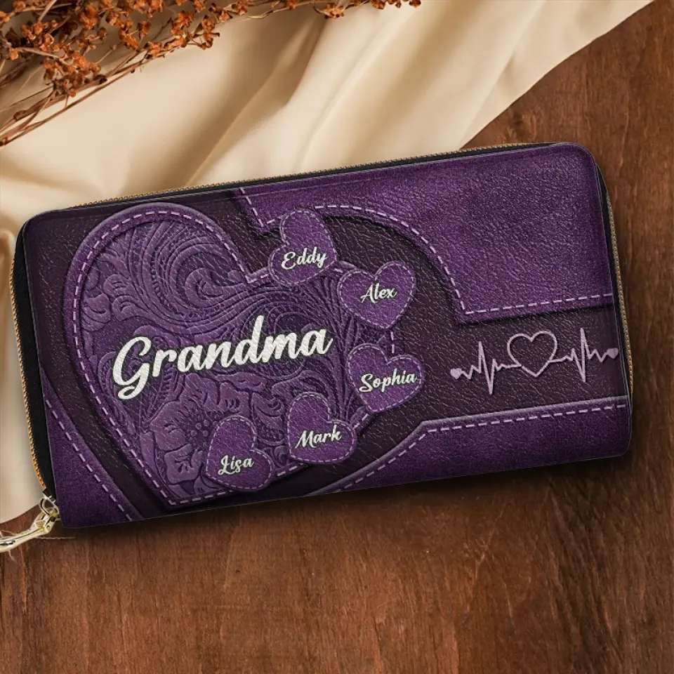 Hold My Hand, Hold My Heart - Family Personalized Custom Leather Long Wallet - Mother's Day, Gift For Mom, Grandma - Image 2