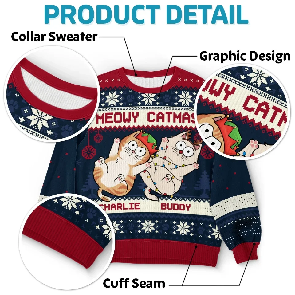 Holly Jolly Catmas - Cat Personalized Custom Ugly Sweatshirt - Unisex Wool Jumper - Christmas Gift For Pet Owners, Pet Lovers - Image 5