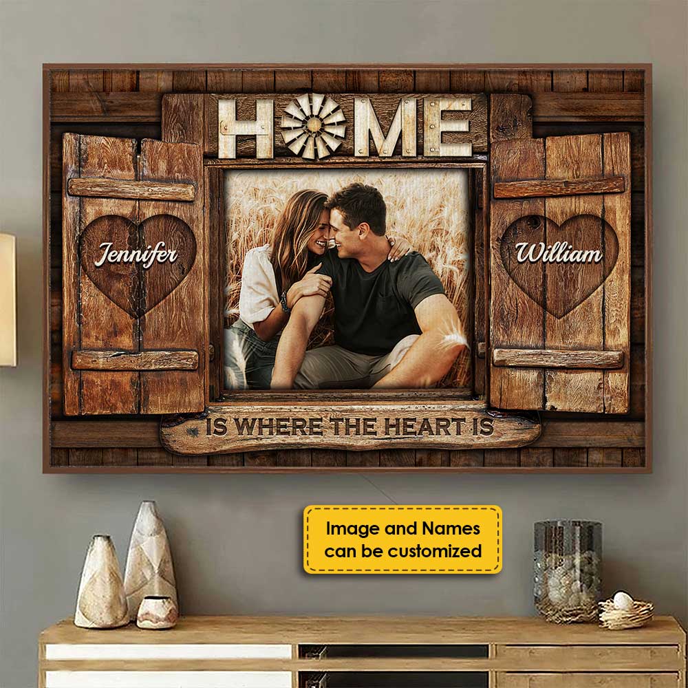 Home Is Where The Heart Is - Upload Image, Gift For Couples, Husband Wife - Personalized Horizontal Poster - Image 3