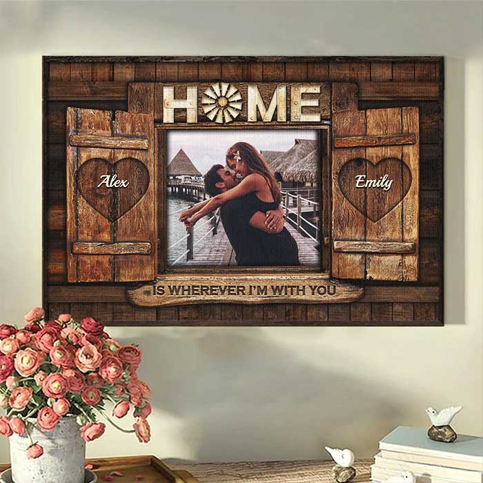 Home Is Wherever I'm With You - Upload Image, Gift For Couples, Husband Wife - Personalized Horizontal Poster - Image 3