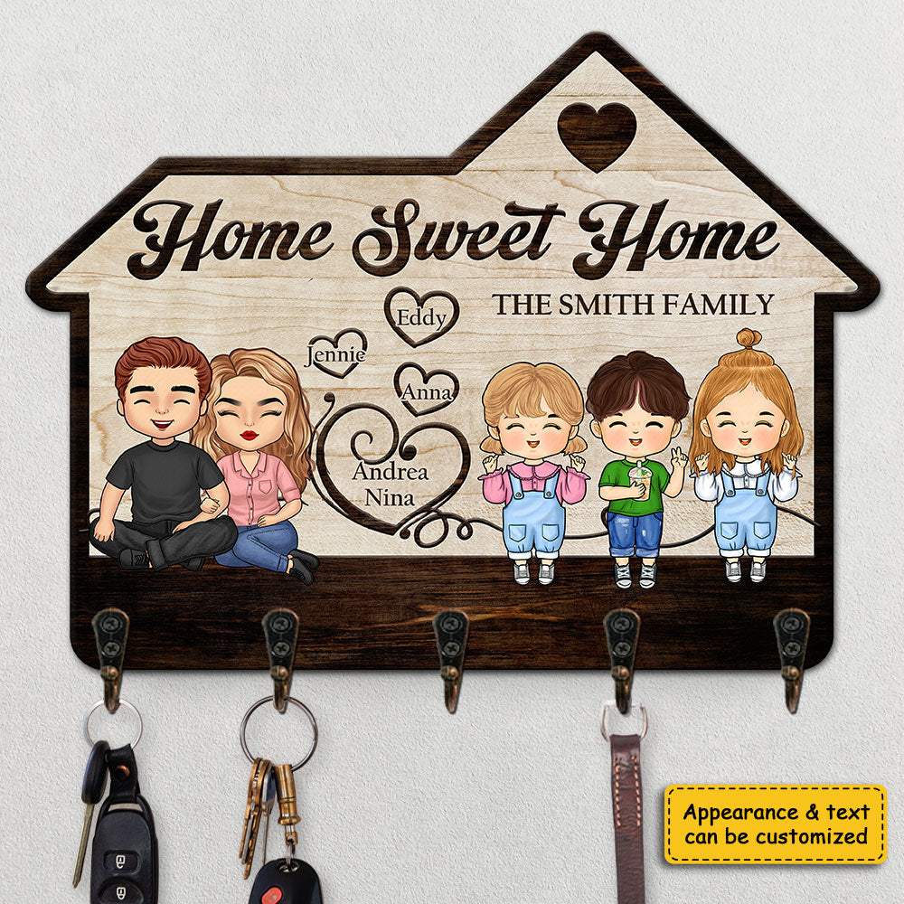 Home Sweet Home With Kids - Personalized Key Hanger, Key Holder - Gift For Couple, Husband Wife, Anniversary, Engagement, Wedding, Marriage Gift - Image 3