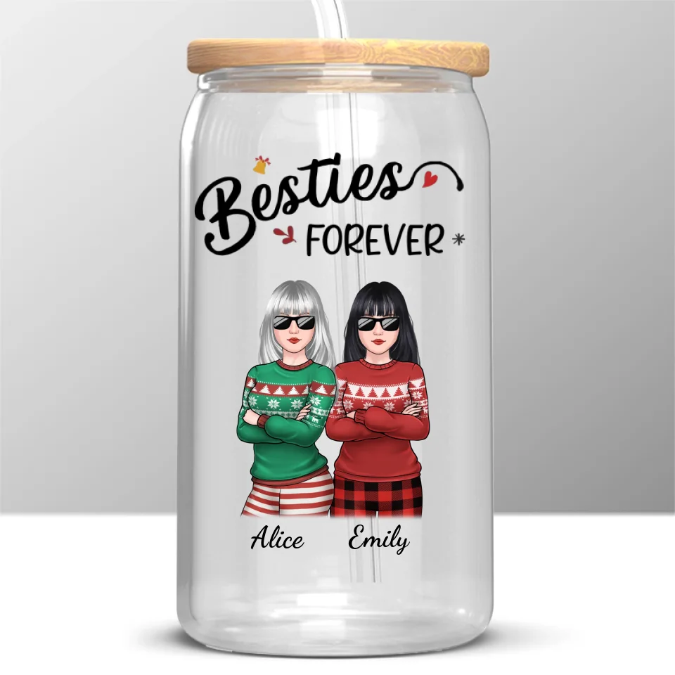 Homies For The Holidays - Bestie Personalized Custom Glass Cup, Iced Coffee Cup - Christmas Gift For Best Friends, BFF, Sisters - Image 2
