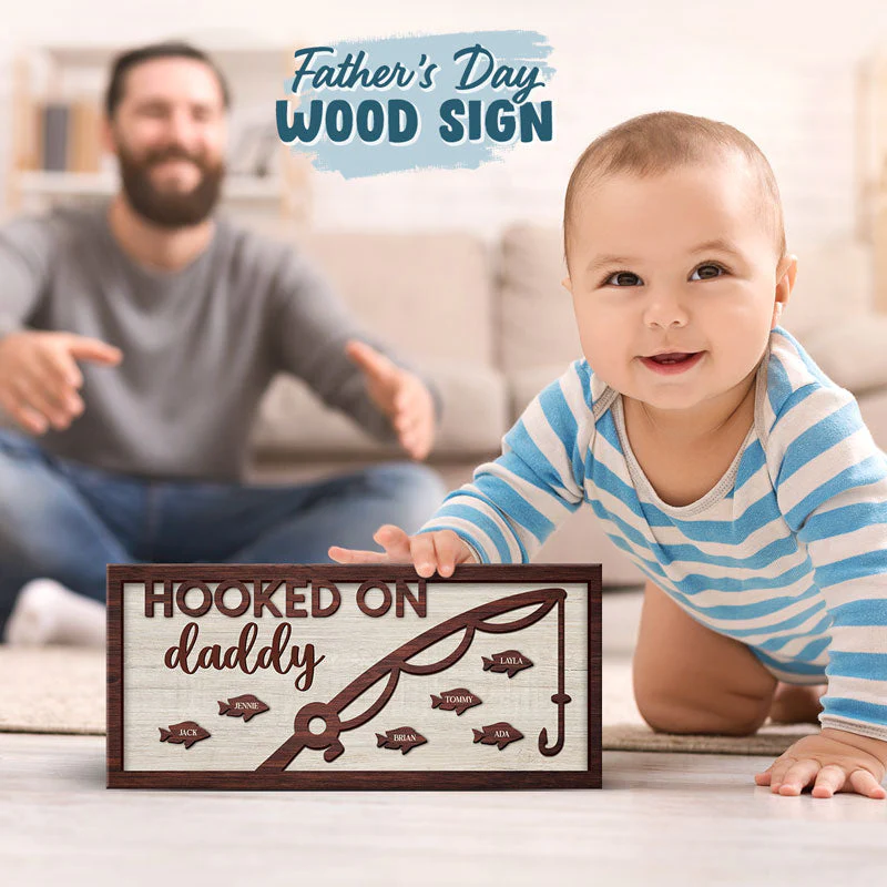 Hooked On Daddy - Family Personalized Custom Rectangle Shaped Home Decor Wood Sign - House Warming Gift For Dad, Grandpa - Image 2