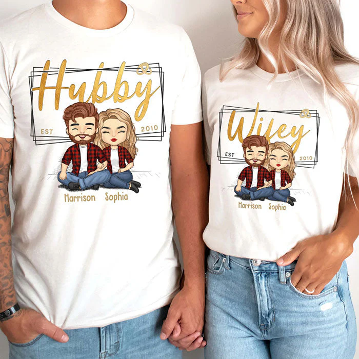 Hubby & Wifey Est Year - Personalized Matching Couple T-Shirt - Gift For Couple, Husband Wife, Anniversary, Engagement, Wedding, Marriage Gift - Image 4