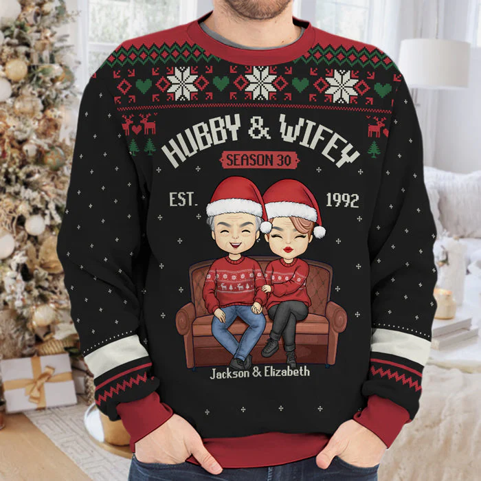 Hubby & Wifey Together - Personalized Custom Unisex Ugly Christmas Sweatshirt, Wool Sweatshirt, All-Over-Print Sweatshirt - Gift For Couple, Husband Wife, Anniversary, Engagement, Wedding, Marriage Gift, Christmas Gift - Image 5