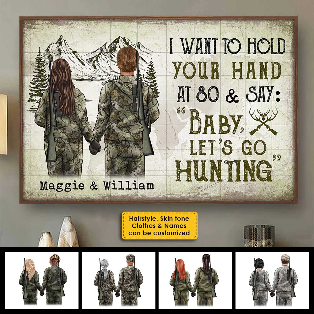 I Wanna Hold Your Hand And Go Hunting With You At 80 - Gift For Hunting Couples, Personalized Horizontal Poster - Image 3