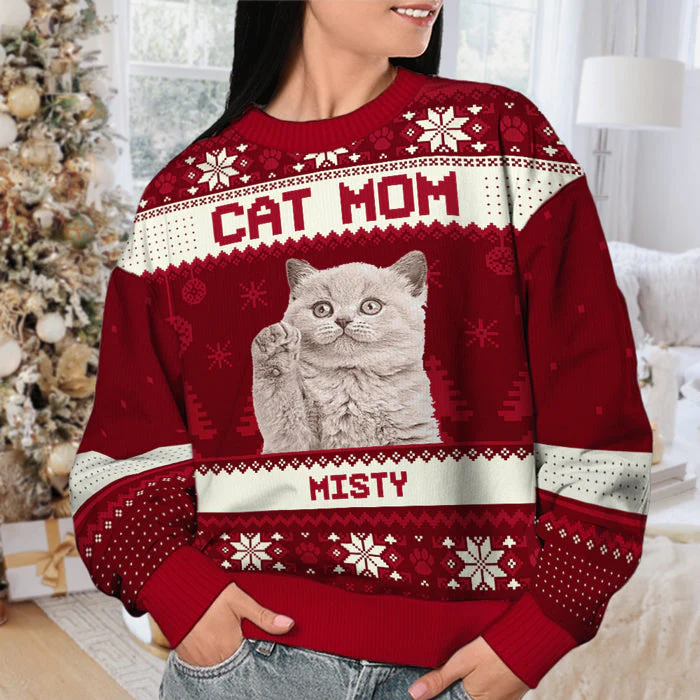 I'm A Cat Mum - Personalized Custom Unisex Ugly Christmas Sweatshirt, Wool Sweatshirt, All-Over-Print Sweatshirt - Upload Image, Gift For Pet Lovers, Christmas Gift - Image 3