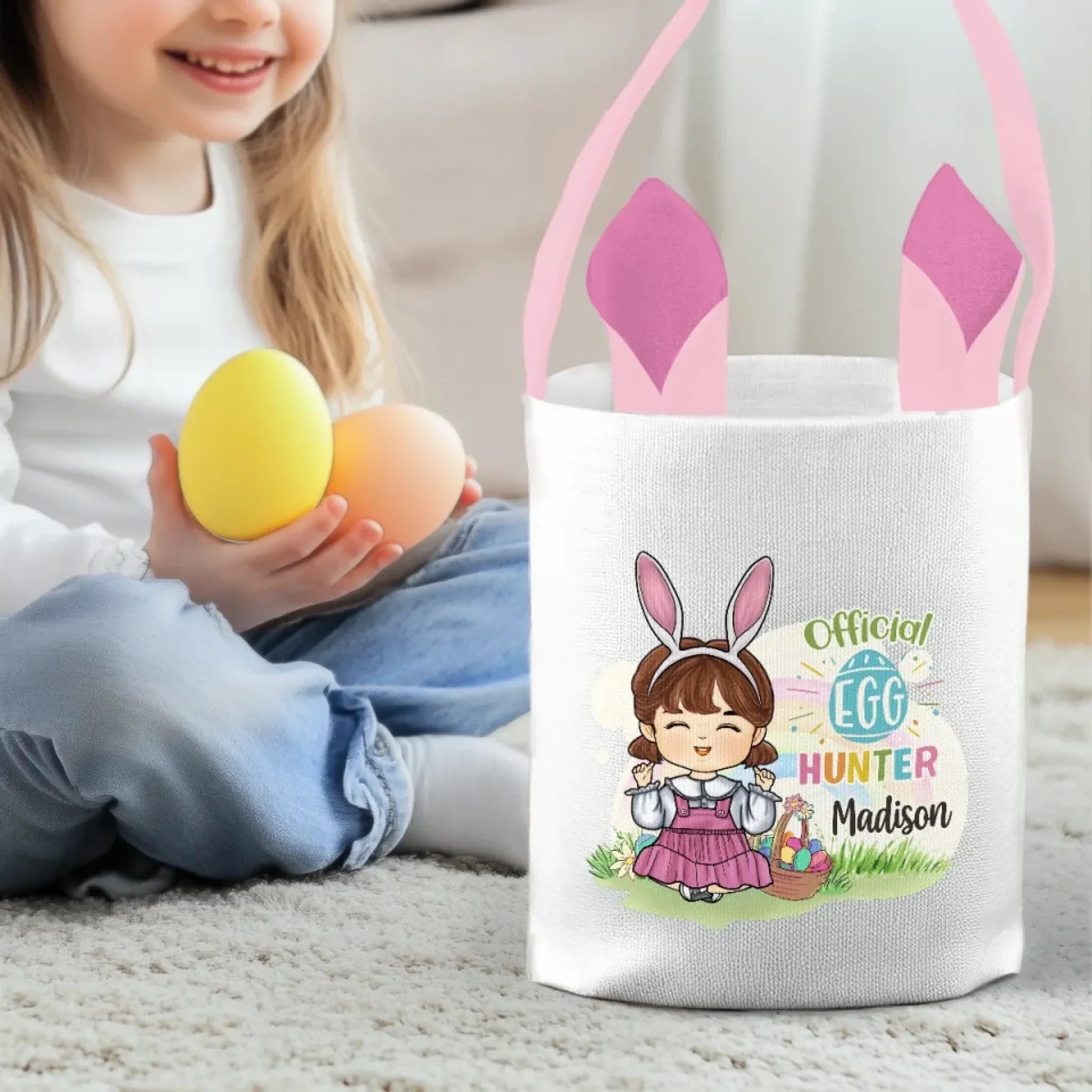 I'm An Official Egg Hunter - Family Personalized Custom Bunny Basket, Tote With Bunny Ears  - Easter Gift For Kids Egg Hunt, Family Members - Image 4