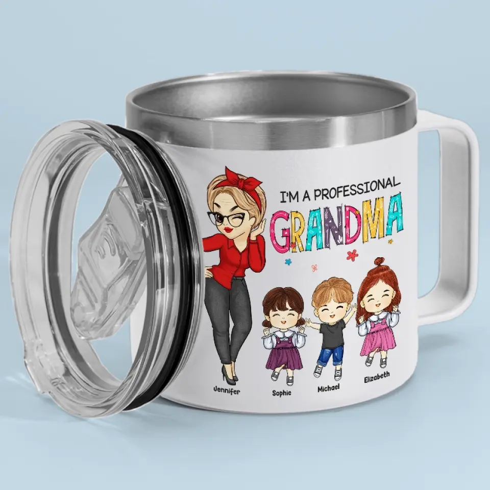I'm Not Retired, I'm A Professional Grandma - Family Personalized Custom 14oz Stainless Steel Tumbler With Handle - Gift For Mom, Grandma - Image 2