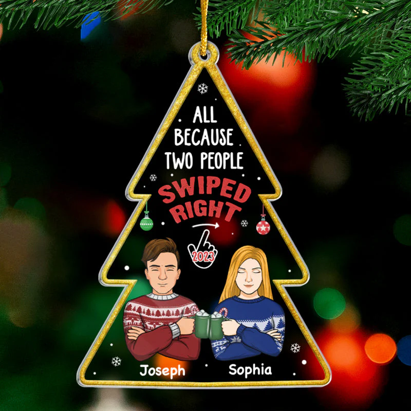 It Started With A Swipe - Couple Personalized Custom Ornament - Acrylic Christmas Tree Shaped - Christmas Gift For Husband Wife, Anniversary - Image 2