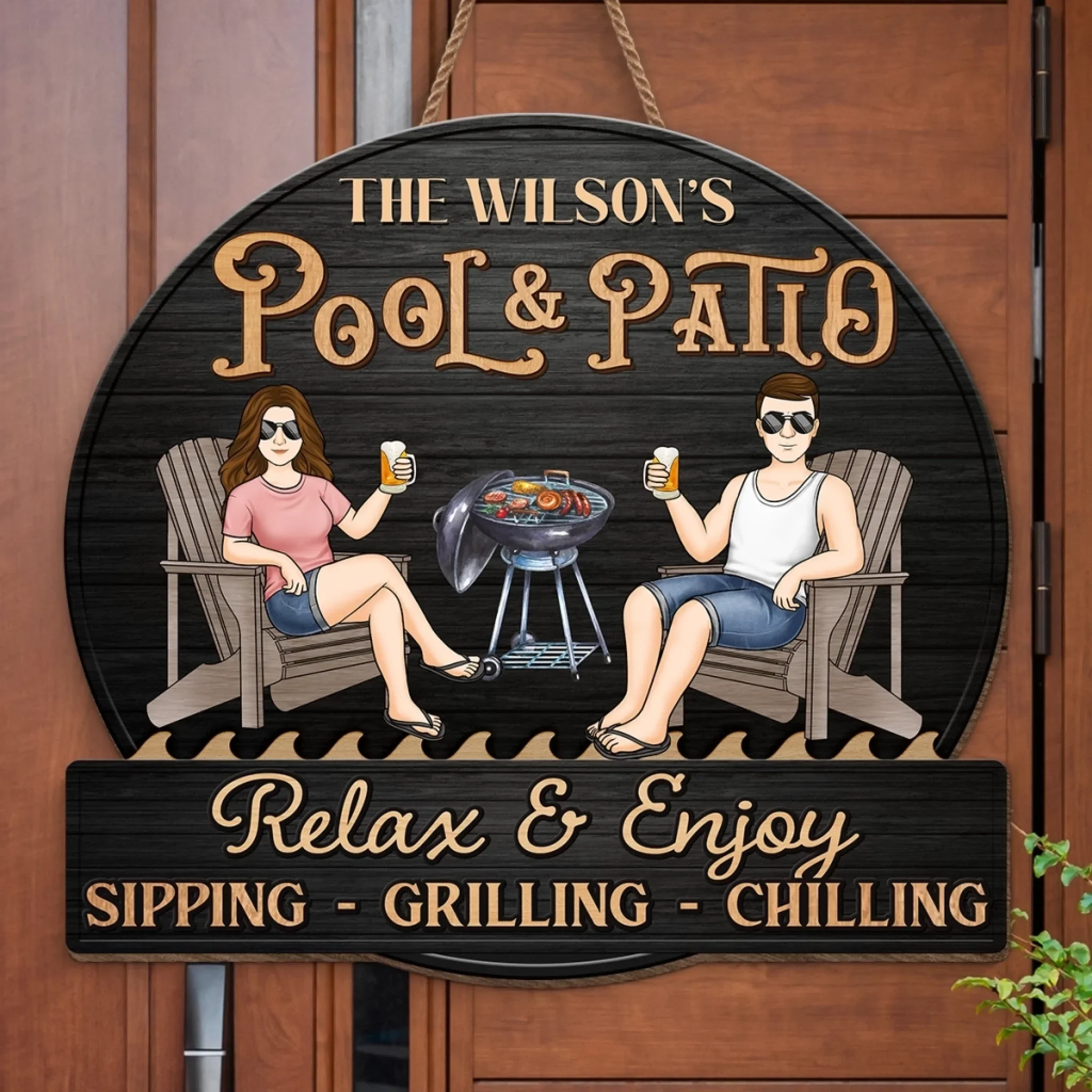 Custom Home Decor Wood Sign - Personalized Anniversary Wedding Gifts For Husband And Wife, Him And Her - Just A Couple, Pool & Patio Sipping Chilling - Image 5
