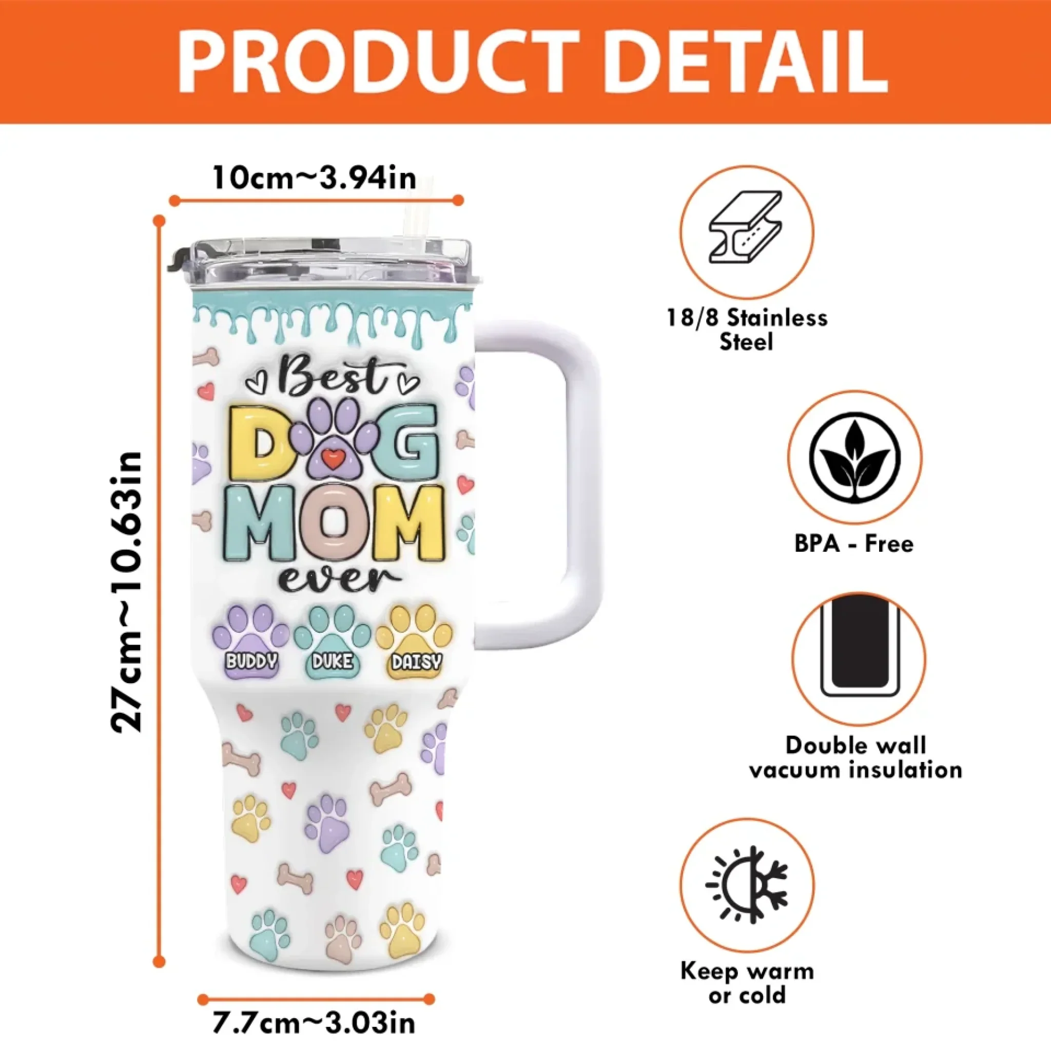 Just A Dog Mom Doing Her Best - Dog Personalized Custom 3D Inflated Effect Printed 40 Oz Stainless Steel Tumbler With Handle - Gift For Pet Owners, Pet Lovers - Image 4