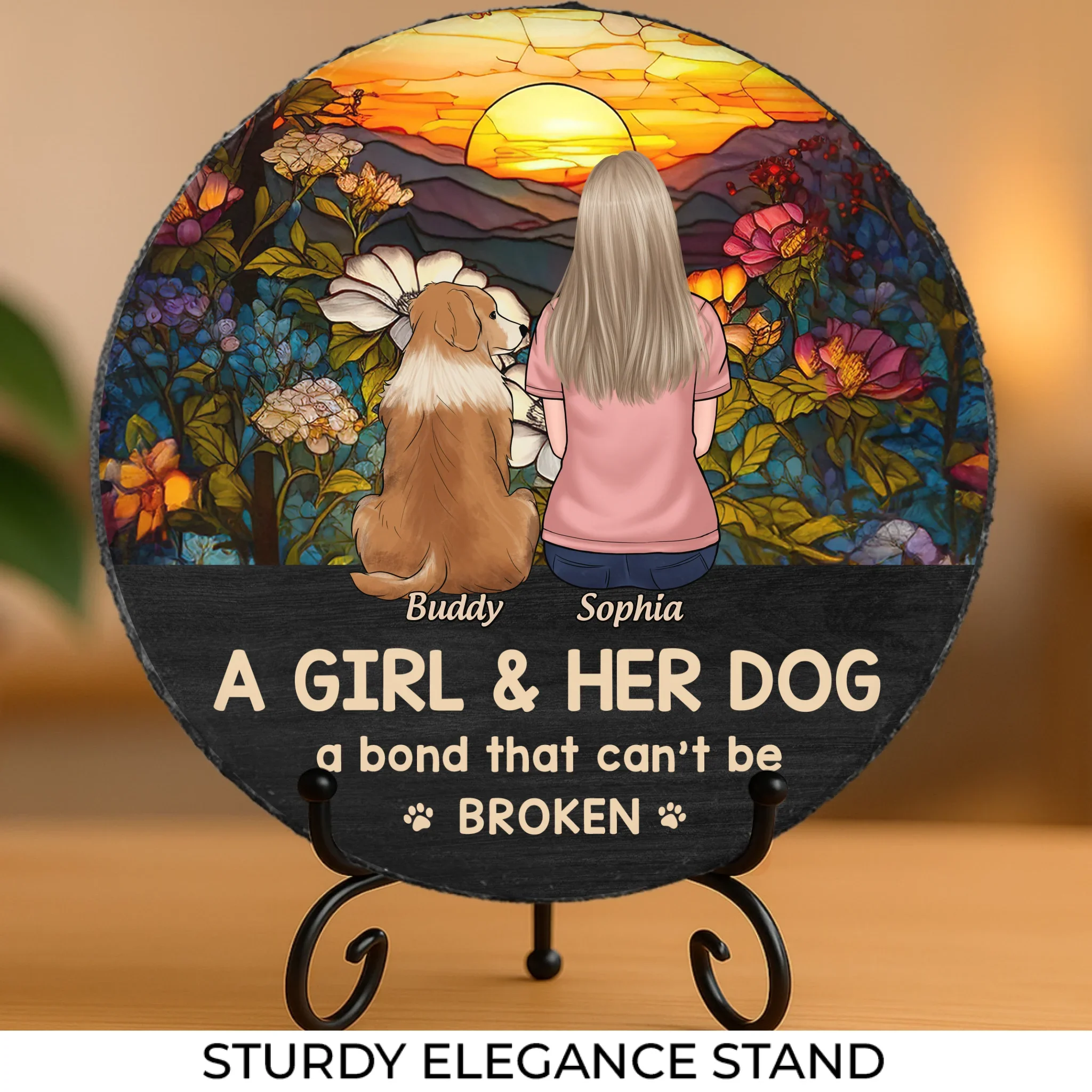 Just A Girl And Her Dog, A Bond That Can't Be Broken  - Memorial Personalized Custom Round Shaped Stone With Stand - Sympathy Gift For Pet Owners, Pet Lovers - Image 2