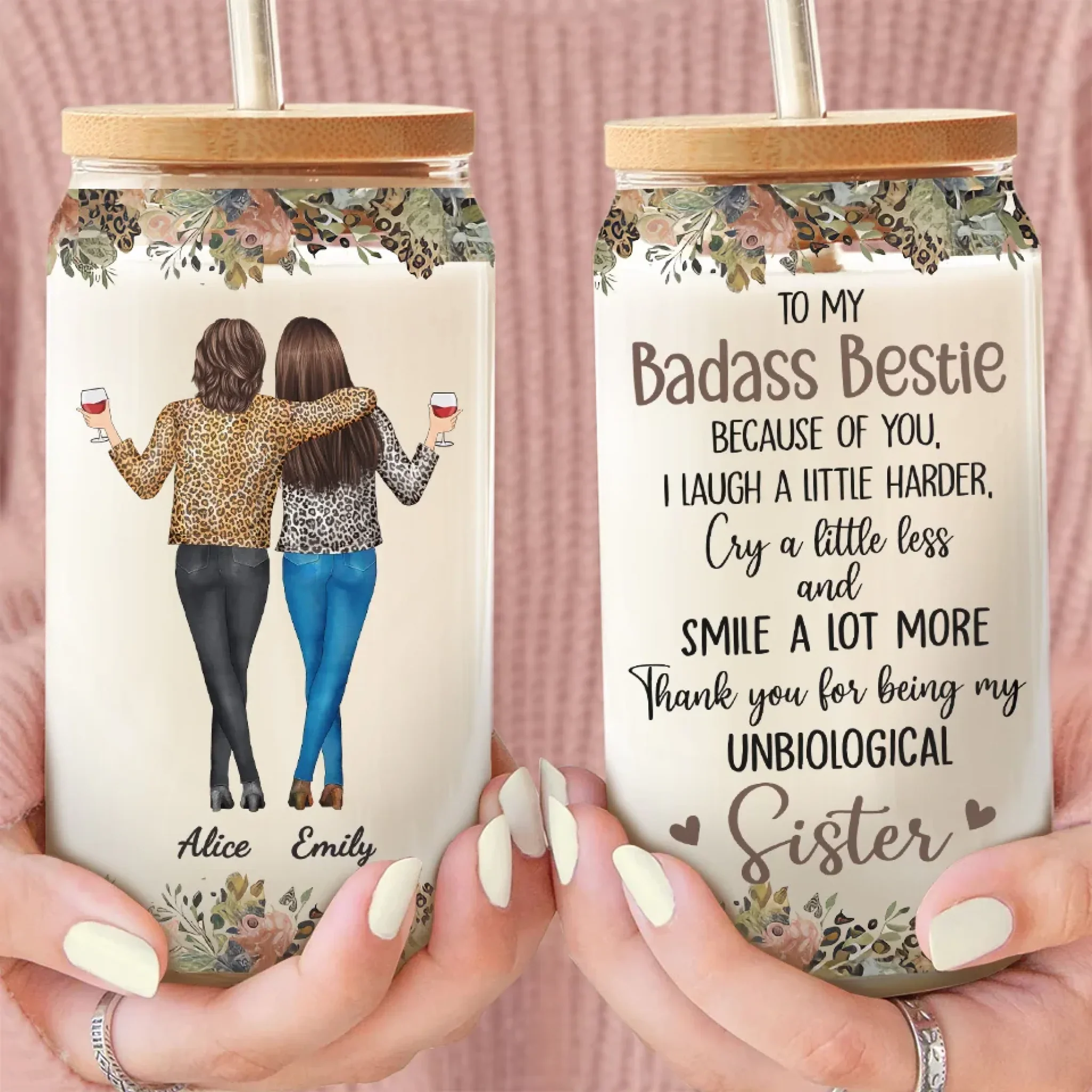Laughter Shared, Memories Made - Bestie Personalized Custom Glass Cup, Iced Coffee Cup - Gift For Best Friends, BFF, Sister - Image 3