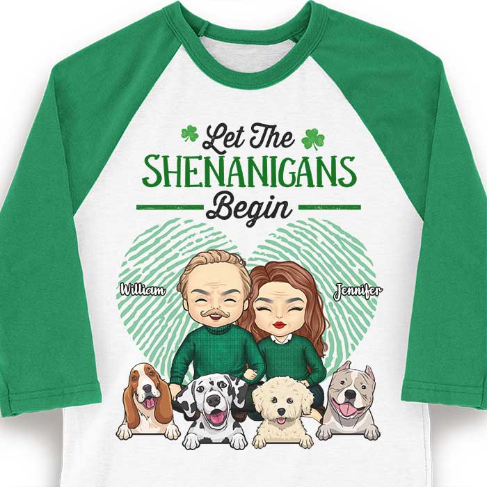 Let The Shenanigans Begin, Couple And Pets - Gift For Couples, Husband Wife, Personalized St. Patrick's Day Unisex Raglan Shirt - Image 3