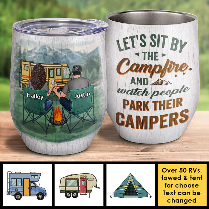 Let's Sit By The Campfire - Gift For Camping Couples, Personalized Wine Tumbler - Image 3