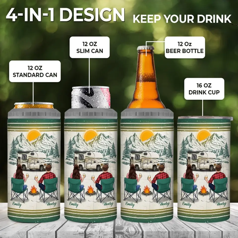 Let's Sit By The Campsite - Camping Personalized Custom 4 In 1 Can Cooler Tumbler - Gift For Couple, Husband Wife, Camping Lovers - Image 4