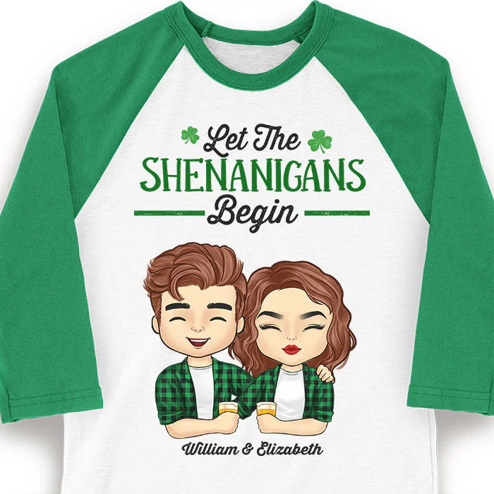 Let The Shenanigans Begin - Gift For Couples, Husband Wife, Personalized St. Patrick's Day Unisex Raglan Shirt - Image 3
