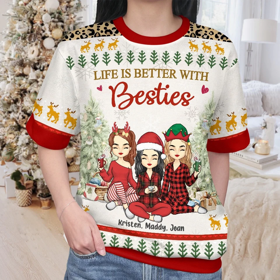 Life Is Better With Besties - Bestie Personalized Custom All Over Print Adult Short Sleeve Sweater - Christmas Gift For Best Friends, BFF, Sisters - Image 3