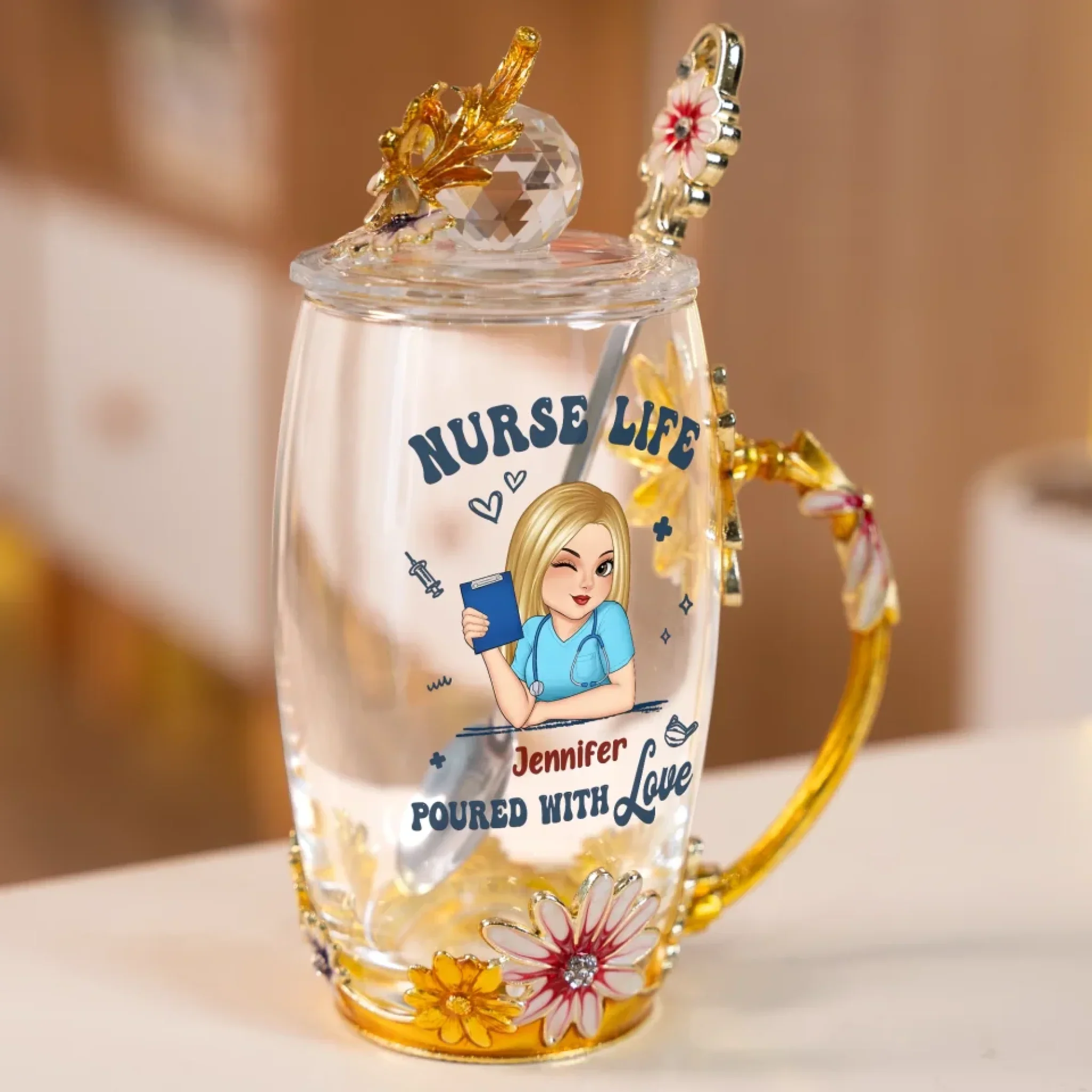 Life Saver In Cute Scrubs - Nurse Personalized Custom Enamel Flower Tea Cup With Lid & Spoon - Appreciation, Thank You Gift, Nurse Life, Doctor Life - Image 3
