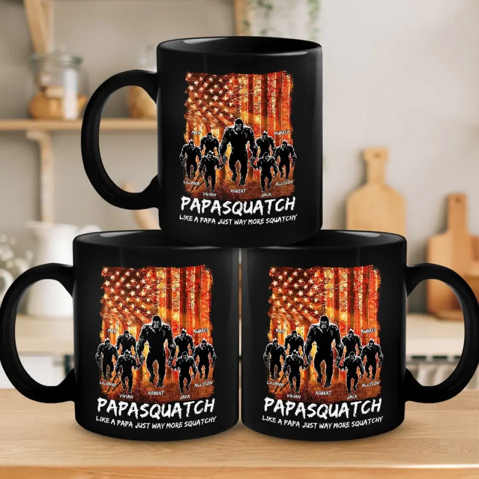 Like A Papa Just Way More Squatchy - Family Personalized Custom Black Mug - Gift For Dad, Grandpa - Image 4