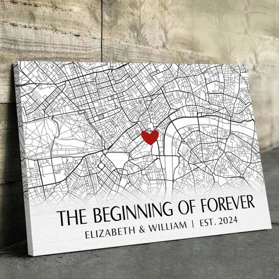 Location Map The Beginning Of Forever - Couple Personalized Custom Map Horizontal Canvas - Map Art, Gift For Husband Wife, Anniversary, Long Distance Relationship