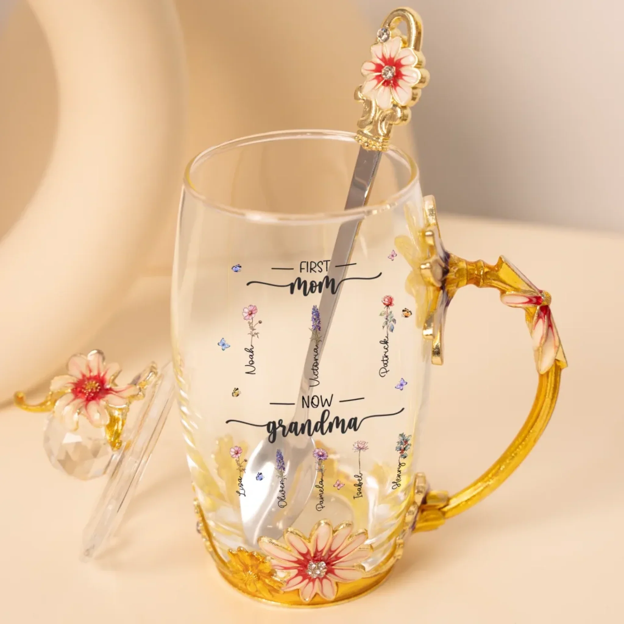 Love Blooms Across Generations - Family Personalized Custom Enamel Flower Tea Cup With Lid & Spoon - Mother's Day, Gift For Mom, Grandma - Image 4