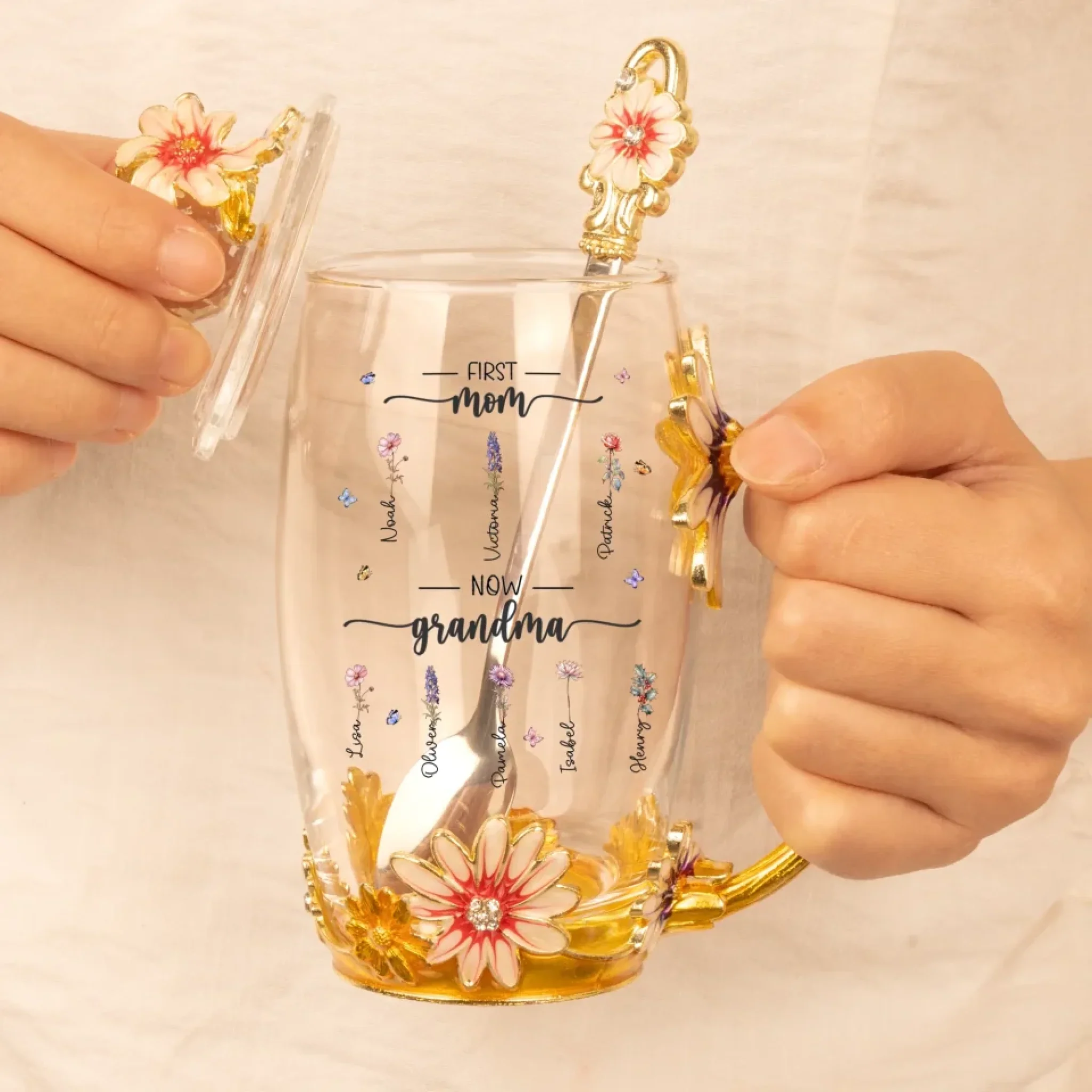 Love Blooms Across Generations - Family Personalized Custom Enamel Flower Tea Cup With Lid & Spoon - Mother's Day, Gift For Mom, Grandma - Image 5