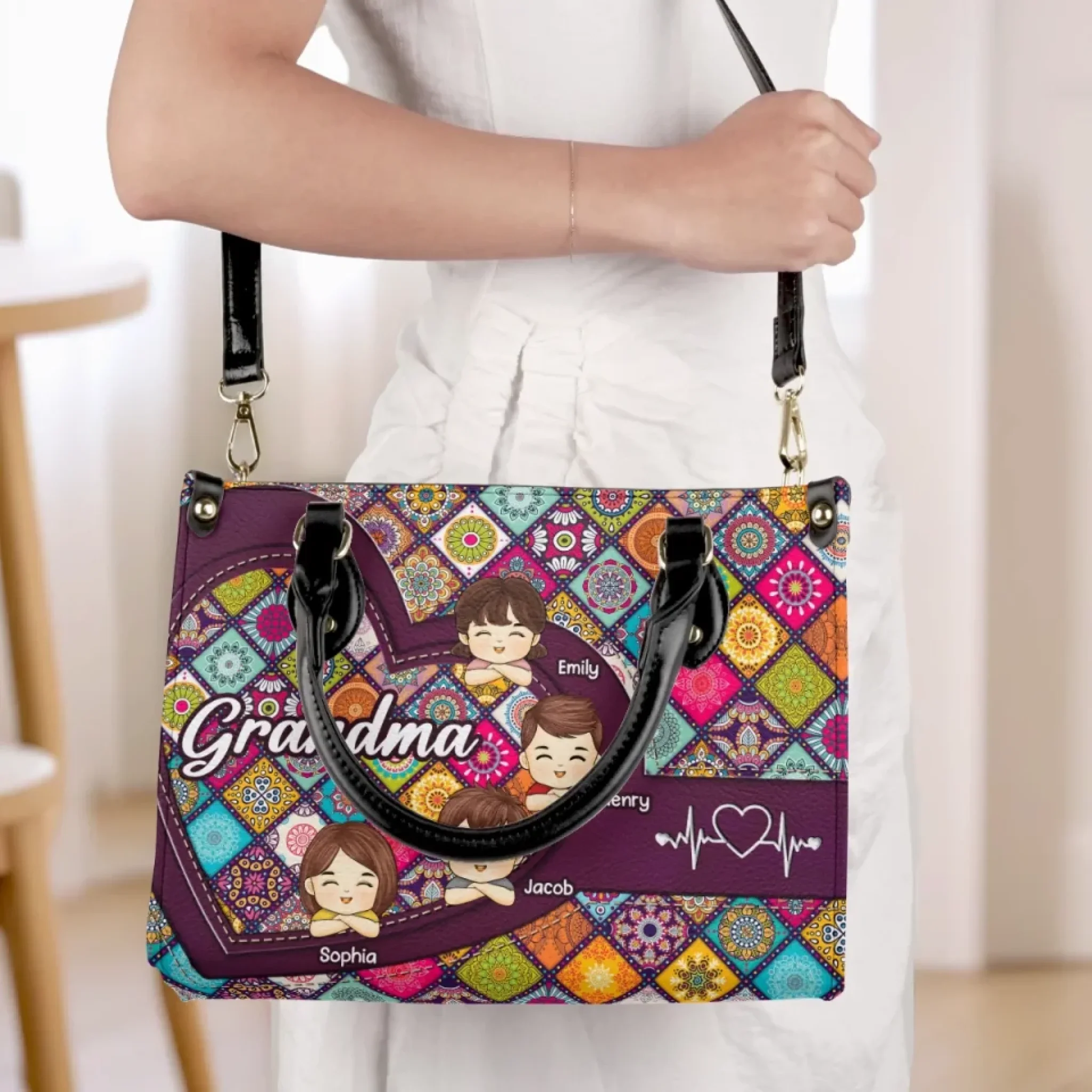 Love, Laughter, And Grandma - Family Personalized Custom Leather Handbag - Mother's Day, Gift For Mom, Grandma - Image 4