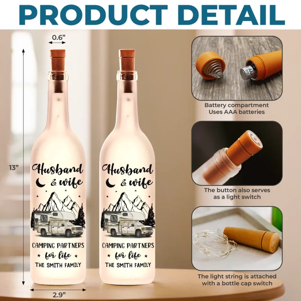 Making Memories One Campsite At A Time - Couple Personalized Custom Bottle Lamp - Gift For Husband Wife, Camping Lovers - Image 5