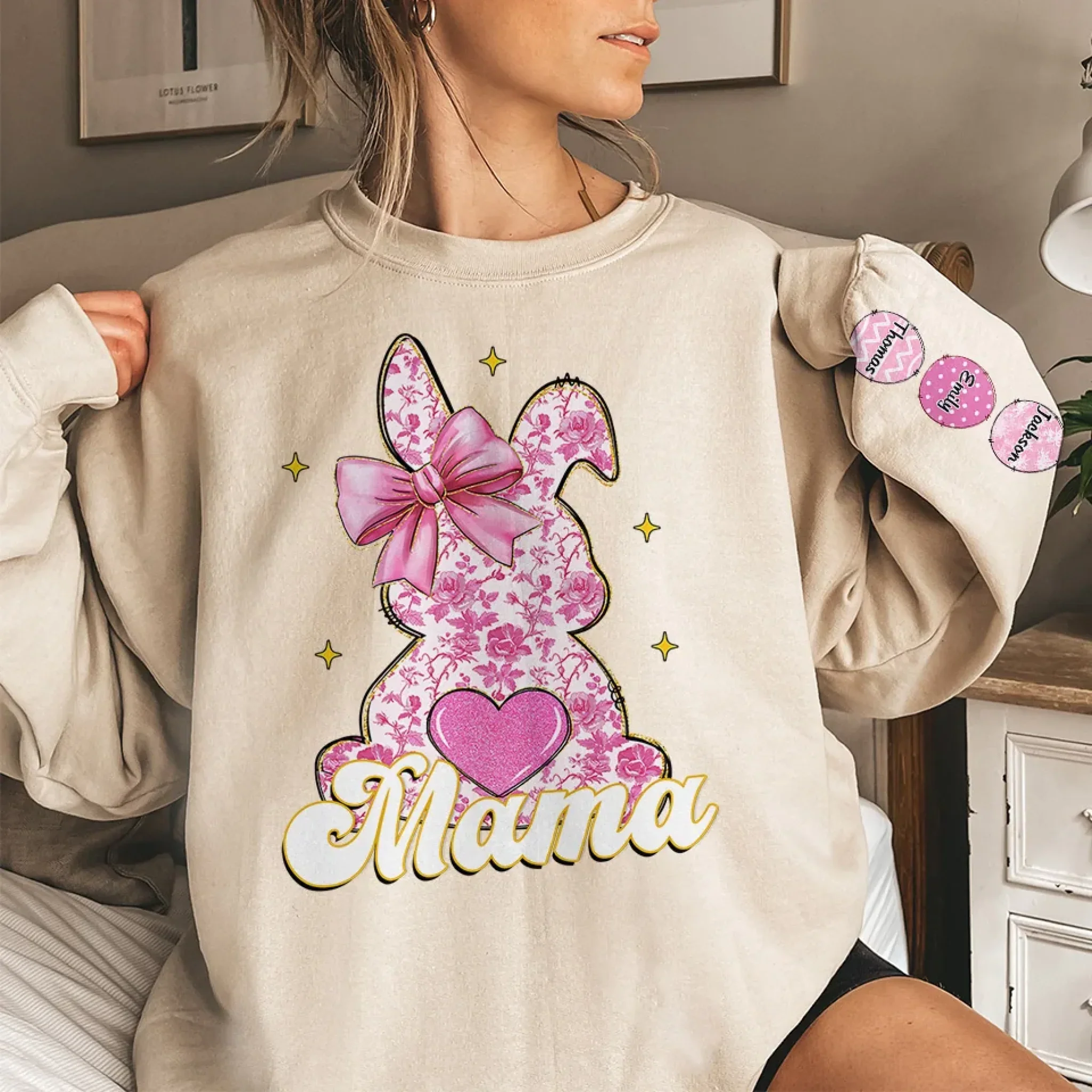 Mama Bunny & Her Little Loves - Family Personalized Custom Unisex Sweatshirt, Hoodie With Design On Sleeve - Easter Gift For Mom, Grandma - Image 3