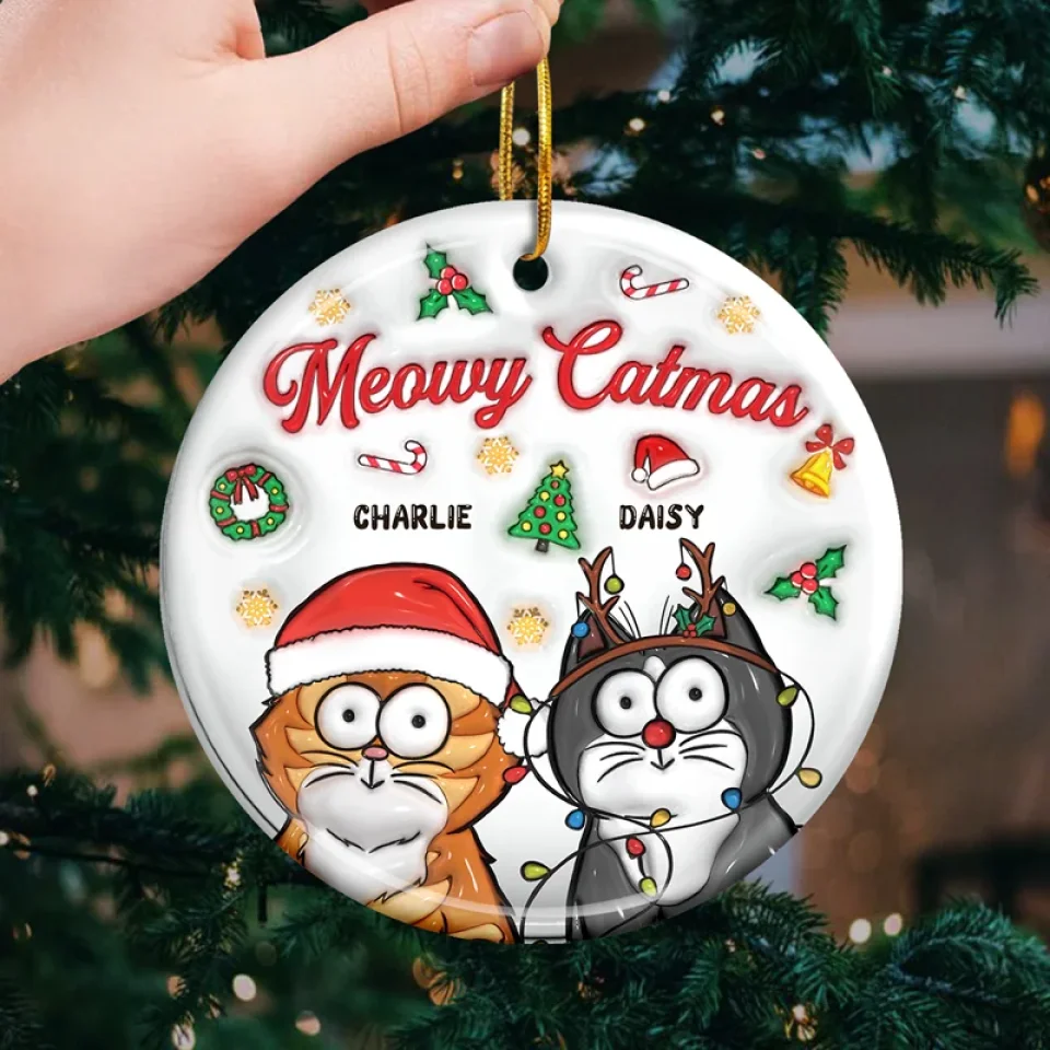 Meowy Catmas - Cat Personalized Custom 3D Inflated Effect Printed Ornament - Ceramic Round Shaped - Christmas Gift For Pet Owners, Pet Lovers - Image 3