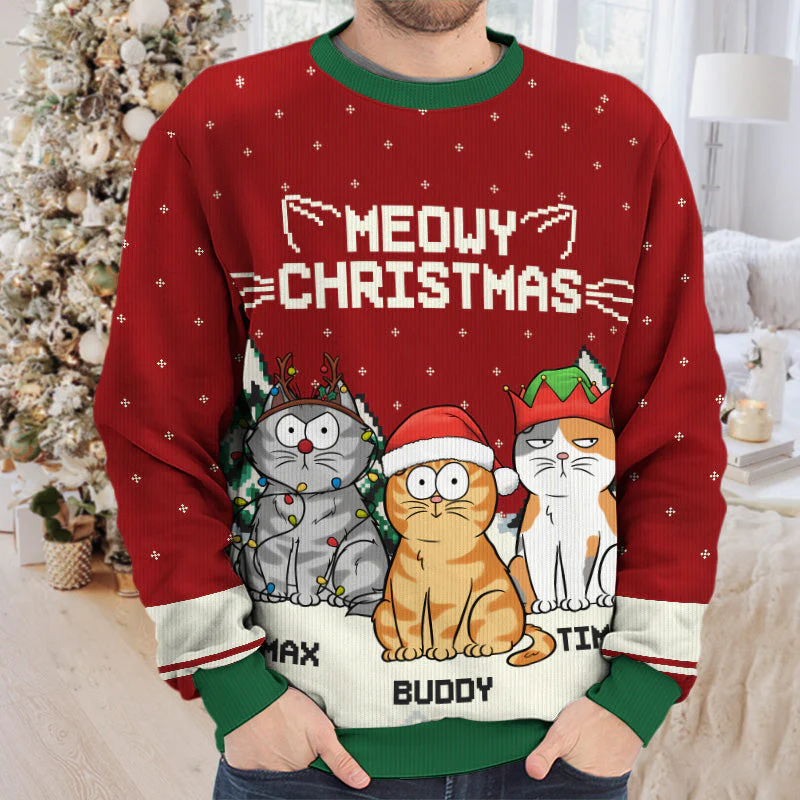Meowy Catmas - Cat Personalized Custom Ugly Sweatshirt - Unisex Wool Jumper - Christmas Gift For Pet Owners, Pet Lovers - Image 3
