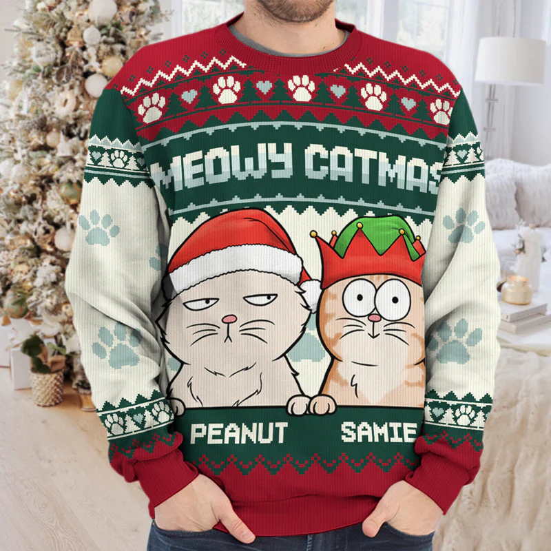 Meowy Catmas - Dog & Cat Personalized Custom Ugly Sweatshirt - Unisex Wool Jumper - Christmas Gift For Pet Owners, Pet Lovers - Image 3