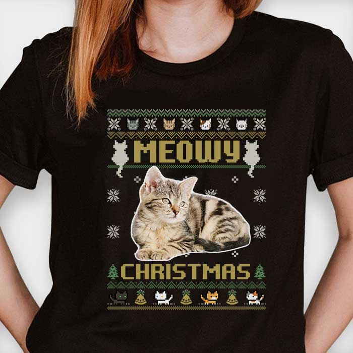 Meowy Christmas - Personalized Custom Unisex T-shirt, Hoodie, Sweatshirt - Upload Image, Gift For Pet Lovers, Christmas Gift - Image 3