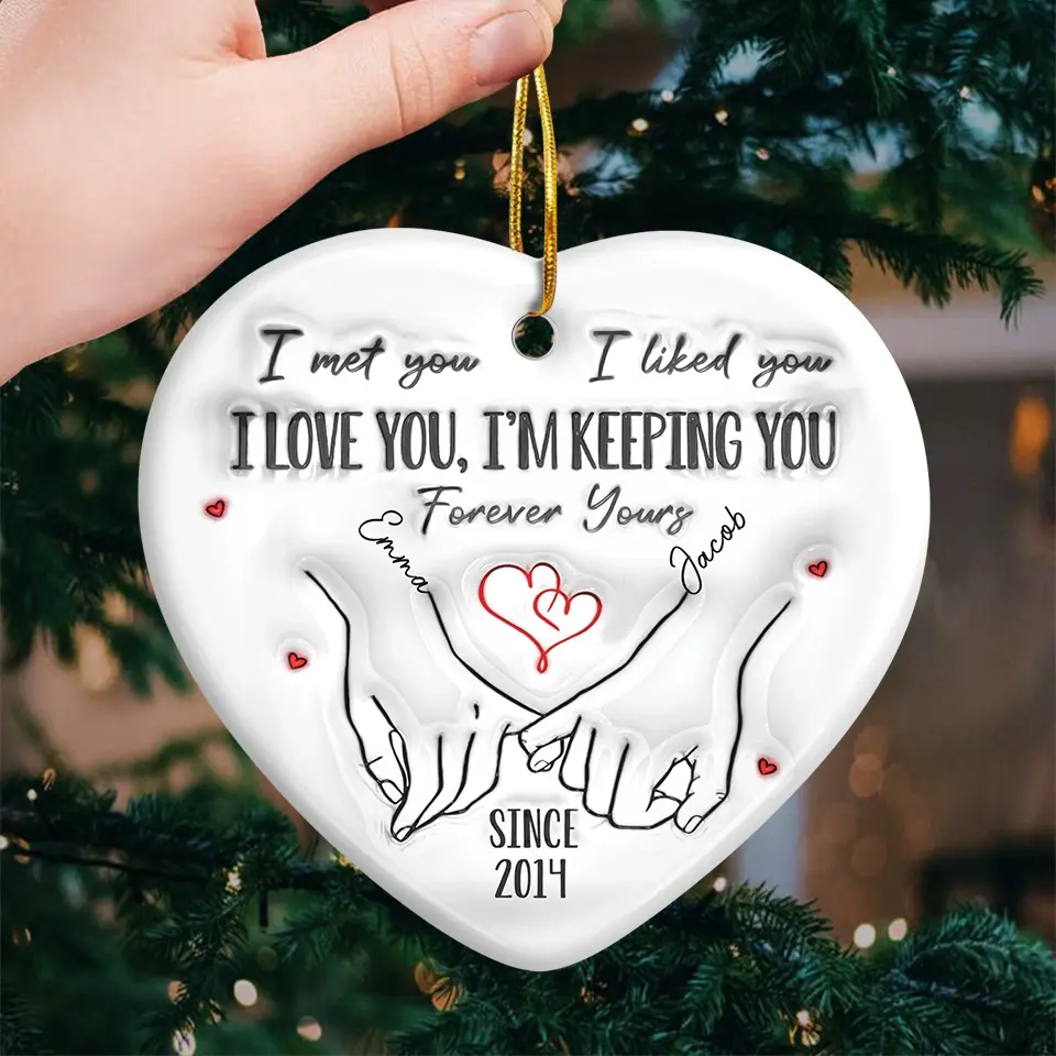 Merry And Bright, With You By My Side - Couple Personalized Custom 3D Inflated Effect Printed Ornament - Ceramic Heart Shaped - Christmas Gift For Husband Wife, Anniversary - Image 3