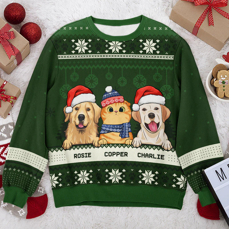 Merry Christmas, Pet Lovers - Personalized Custom Unisex Ugly Christmas Sweatshirt, Wool Sweatshirt, All-Over-Print Sweatshirt - Gift For Pet Lovers, Christmas Gift - Image 3
