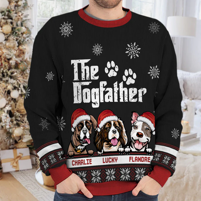 Merry Christmas The Dogfather Dogmother - Dog Personalized Custom Ugly Sweatshirt - Unisex Wool Jumper - Christmas Gift For Pet Owners, Pet Lovers - Image 5