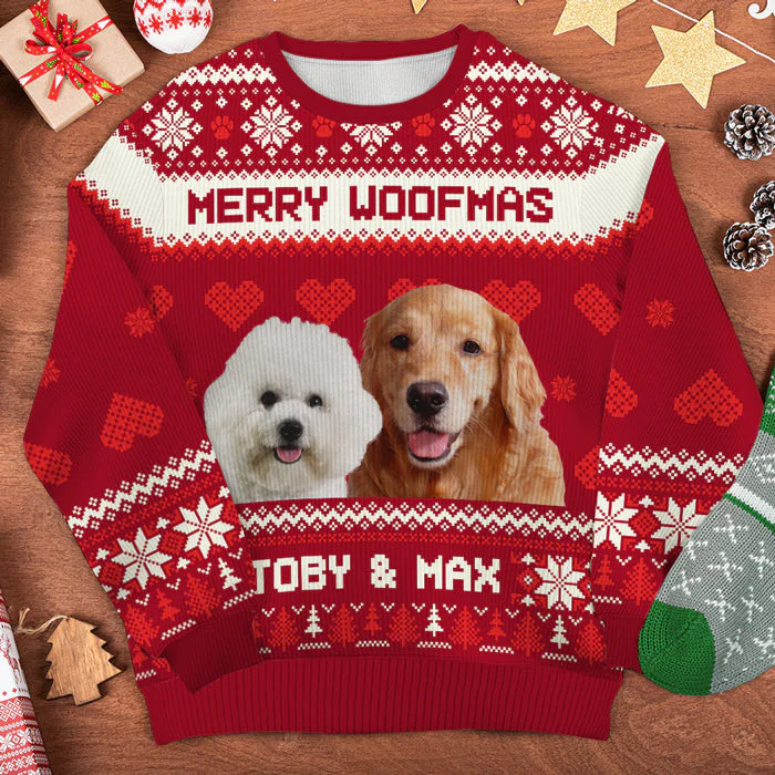 Merry Woofmas - Personalized Custom Unisex Ugly Christmas Sweatshirt, Wool Sweatshirt, All-Over-Print Sweatshirt - Upload Image, Gift For Pet Lovers, Christmas Gift - Image 3