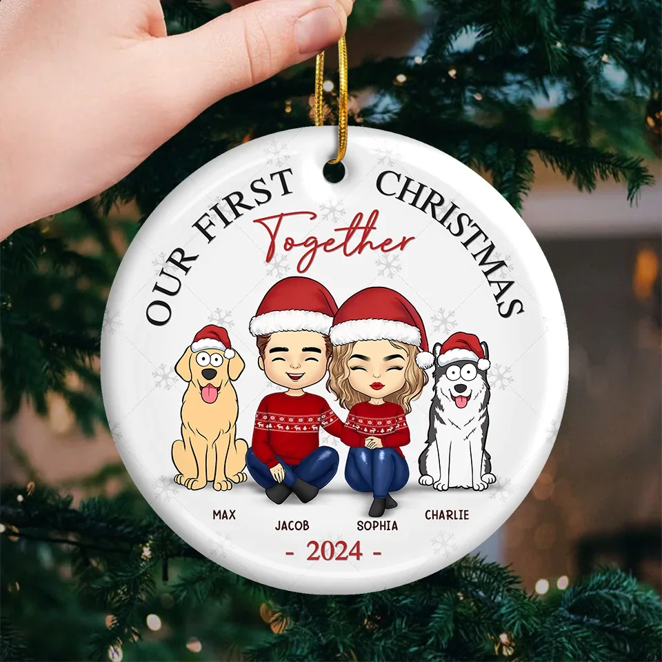 Mistletoe Kisses And Paw Prints In The Snow - Couple Personalized Custom Ornament - Ceramic Round Shaped - Christmas Gift For Husband Wife, Anniversary, Pet Owners, Pet Lovers, First Christmas - Image 3