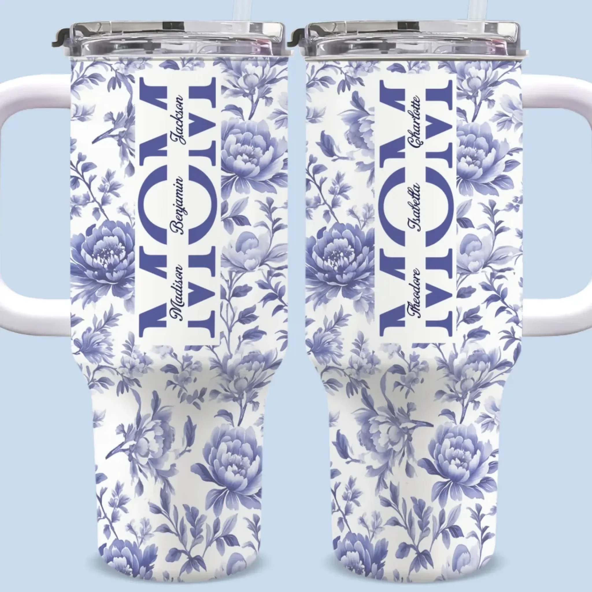 Mom, A Name Woven In Petals And Love - Family Personalized Custom 40 Oz Stainless Steel Tumbler With Handle - Mother's Day, Gift For Mom, Grandma