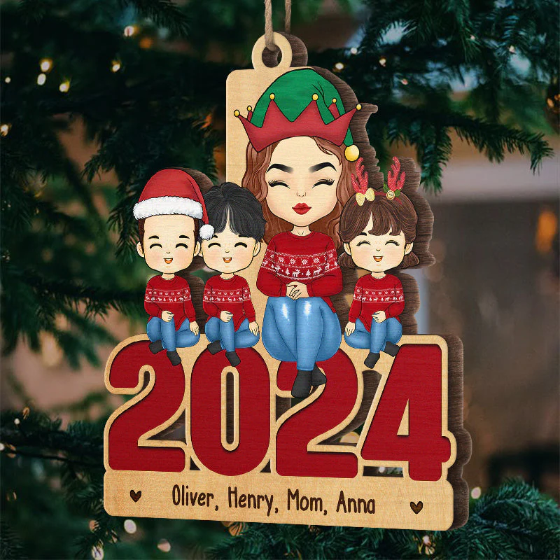 Mom And Kids Sitting Together - Family Personalized Custom Ornament - Wood Unique Shaped - Christmas Gift For Family Members - Image 4