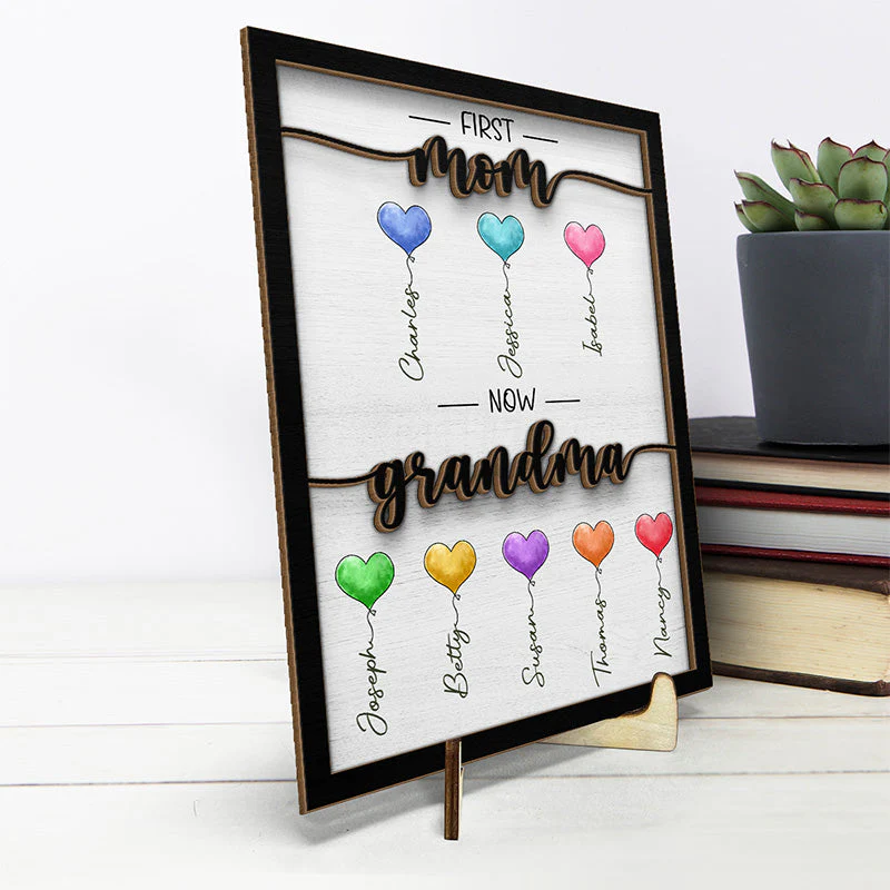 Mommy Grandma Lovely Balloons  - Family Personalized Custom 2-Layered Wooden Plaque With Stand - House Warming Gift For Mom, Grandma - Image 3