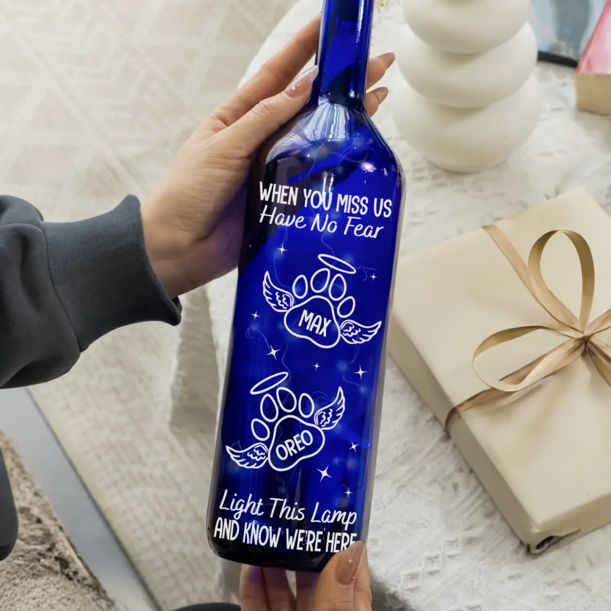 My Heart Still Whispers Your Name - Memorial Personalized Custom Blue Bottle Lamp - Sympathy Gift For Pet Owners, Pet Lovers - Image 3