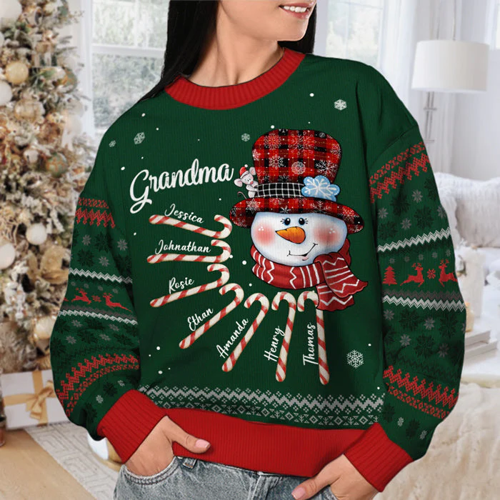 Nana Snowman Candy Cane - Personalized Custom Unisex Ugly Christmas Sweatshirt, Wool Sweatshirt, All-Over-Print Sweatshirt -  Gift For Grandma, Grandparents, Christmas Gift - Image 3