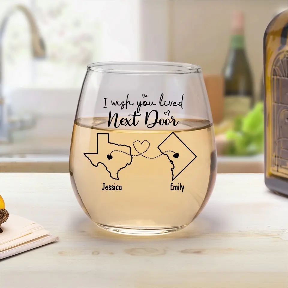 Never Too Far To Wine Together - Bestie Personalized Custom Wine Glass - Gift For Best Friends, BFF, Sisters - Image 4