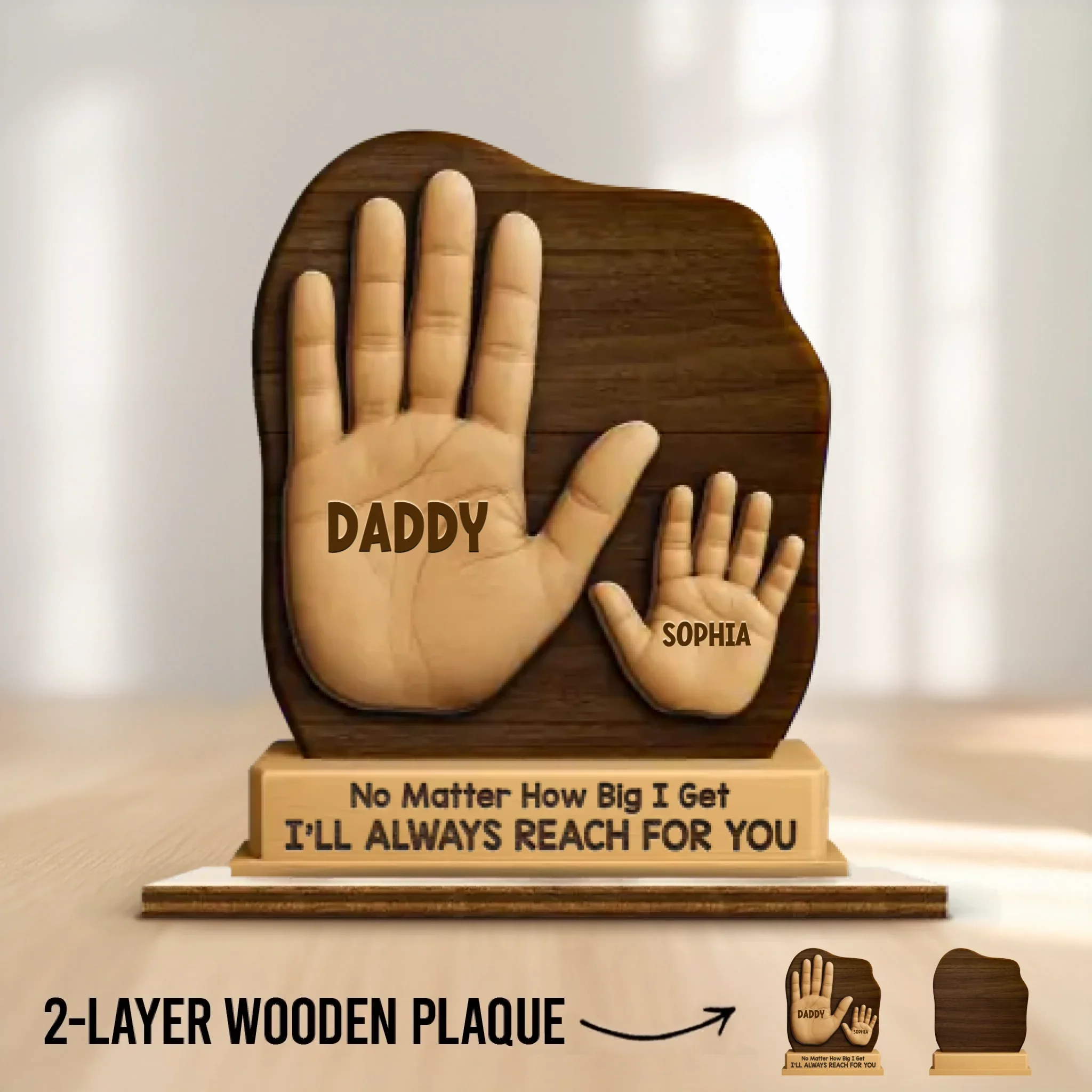 No Matter The Size, We’re Always Yours - Family Personalized Custom 2-Layered Wooden Plaque With Stand - Father's Day, Gift For Dad, Grandpa - Image 2