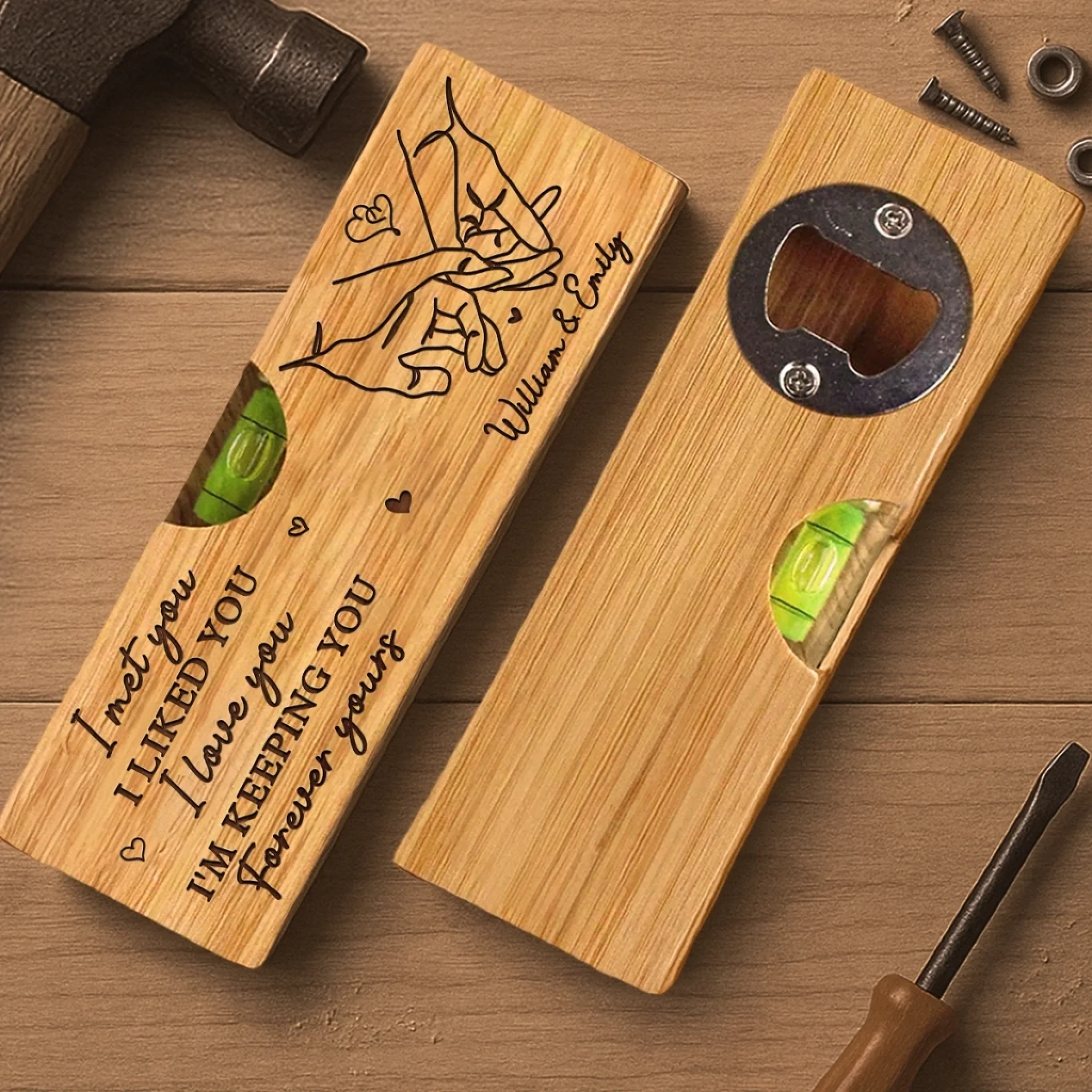 No Measure For Our Love - Couple Personalized Custom Engraved Wooden Bottle Opener With Built-in Spirit Level - Gift For Husband Wife, Anniversary - Image 4