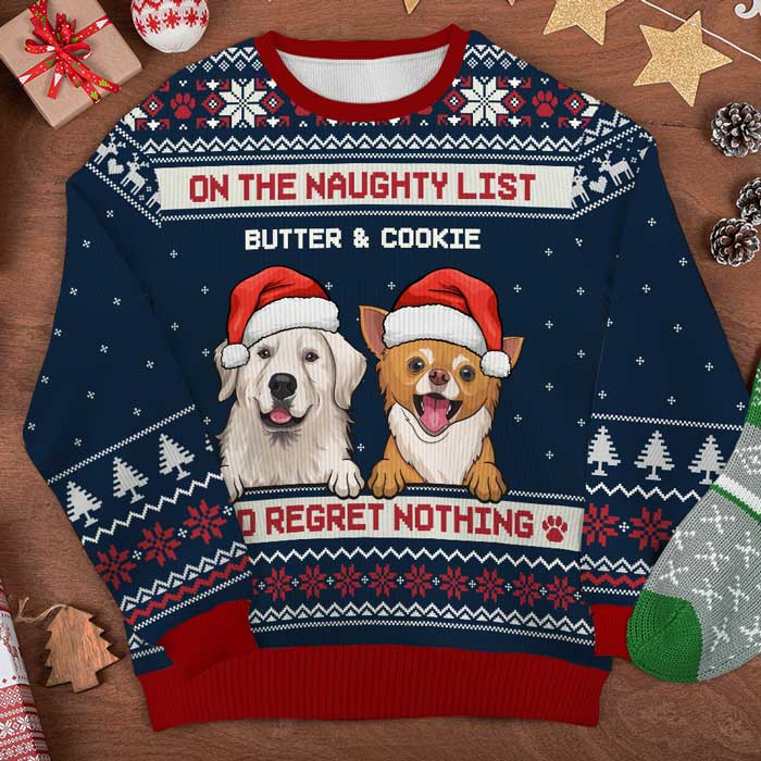 On The Naughty List & Regret Nothing - Personalized Custom Unisex Ugly Christmas Sweatshirt, Wool Sweatshirt, All-Over-Print Sweatshirt - Gift For Dog Lovers, Pet Lovers, Christmas Gift - Image 3